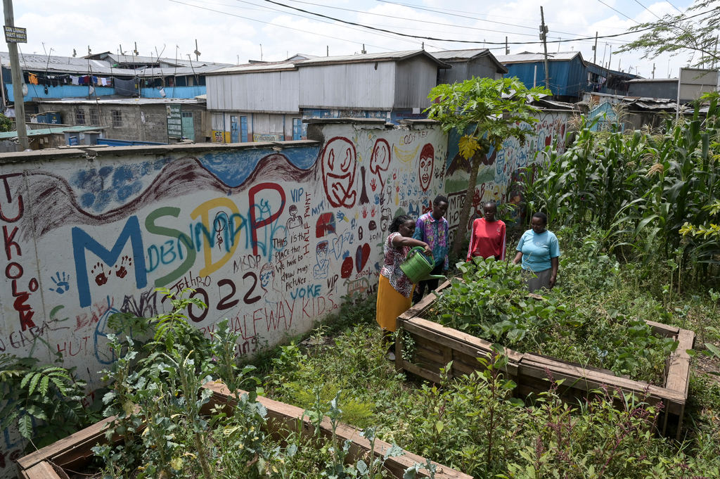 Vier Personen stehen neben einem Hochbeet in einem Urban Gardening Projekt in Nairobi. Der Garten ist umgeben von einer bunt bemalten Wand.