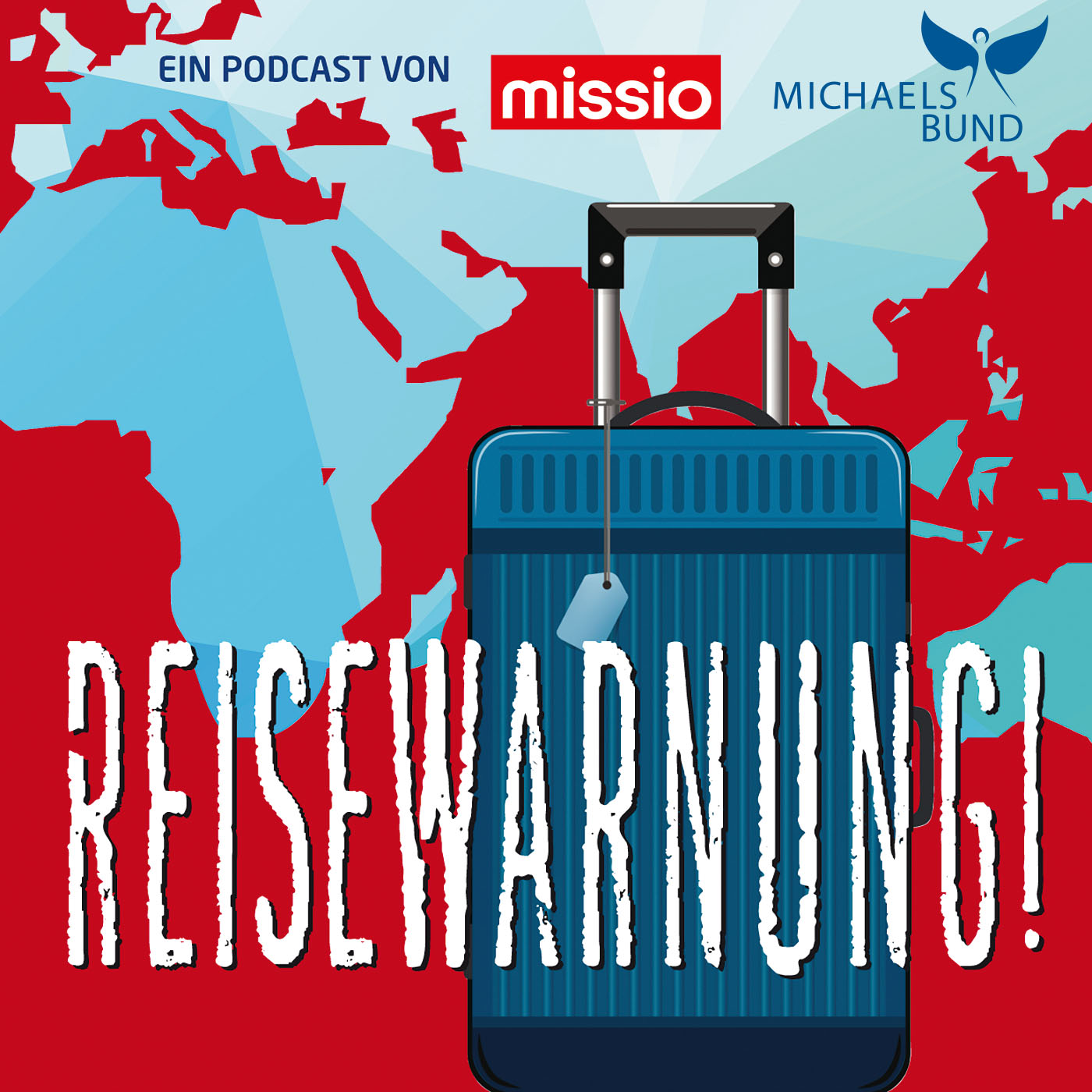 Logo des missio-Podcasts "Reisewarnung!": zu sehen ist der Teil einer Weltkarte, im Vordergrund ist ein Rollkoffer zu sehen.