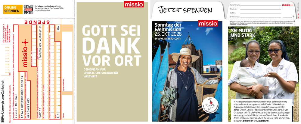 Druckvorlage für Pfarreien mit der Spendentüte zum Weltmissionsmonat 2026. Das Faltelement beinhaltet einen Überweisungsträger, ein Bild vom Weltmissionsmonat-Plakat und einen Spendenaufruf mit einem Bild, auf dem zwei Ordensschwestern mit einem Baby zu sehen sind.