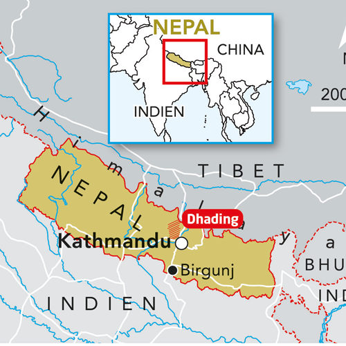 Landkarte von Nepal. Hervorgehoben ist die Region Dhading in der Nähe der Hauptstadt Kathmandu.