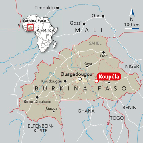 Landkarte von Burkina Faso. Fett markiert ist die Hauptstadt Ouagodougou, in einem roten Kasten markiert ist der Ort Koupéla, in deren Nähe sich die Frauen-Kooperative befindet.