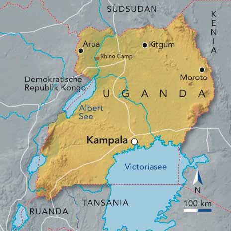 Landkarte von Uganda. Hervorgehoben ist die Hauptstadt Kampala.
