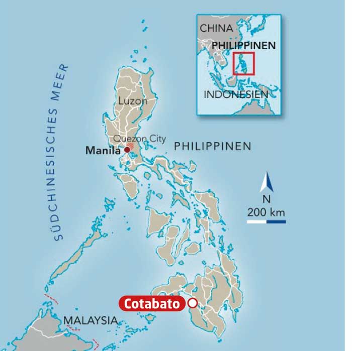 Landkarte von den Philippinen. Markiert ist auf einer der untersten Inseln die Stadt Cotabato auf Mindanao..