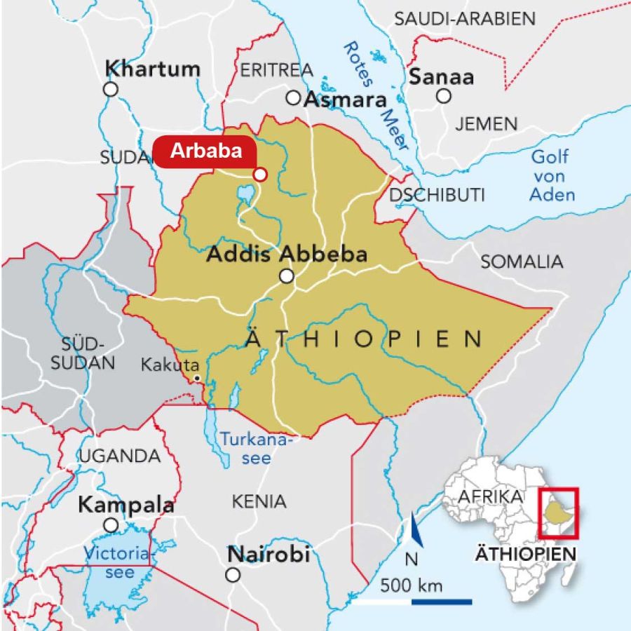 Landkarte eines Teils Ostafrikas auf der Äthiopien markiert ist. Zu sehen sind auch die angrenzenden Länder Somalia, Kenia, Uganda, Südsudan, Sudan und Eritrea.