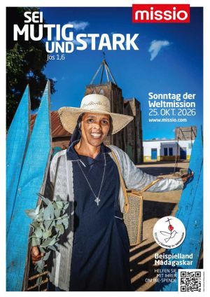 Plakat zum Weltmissionsmonat 2026: Das Motiv zeigt eine Ordensschwester in Madagaskar. 