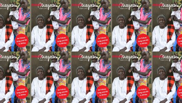 Zehn Cover des missio magazins, Ausgabe 4/2026. Der Titel des missio magazin 04/2026 zeigt drei Generationen von Frauen aus Uganda: ganz links sitzt eine alte Frau in weißer Kleidung mit Stab als Zeichen ihrer Würde, neben ihr eine Heranwachsende, die auf dem Arm ein Baby hält.