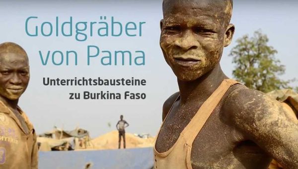 Cover der Unterrichtsbausteine zu Burkina Faso. Zwei Goldgräber aus Burkina Faso blicken mit vom Goldgraben verdreckter Haut in die Kamera.