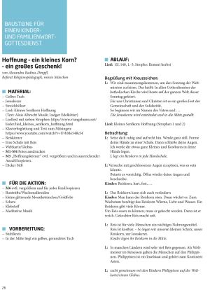 Screenshot der ersten Seite mit Bausteinen für einen Kinder- und Familienwortgottesdienst zum Thema "Hoffnung – für uns und die Welt"