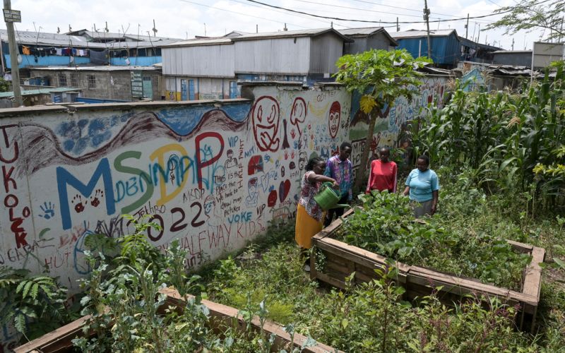 Vier Personen stehen neben einem Hochbeet in einem Urban Gardening Projekt in Nairobi. Der Garten ist umgeben von einer bunt bemalten Wand.