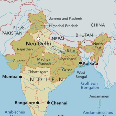 Landkarte von indien mit Markierung der Stadt Bhopal, im nördlichen Teil des Landes, wo projekt verortet ist.