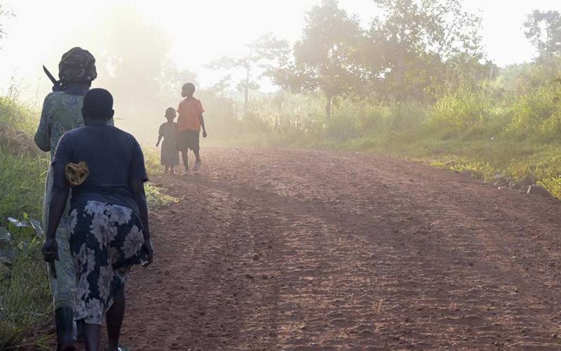 Auf der Insel Buvuma in Uganda laufen zwei Frauen auf einem am Rande eines breiten Feldwegs einen Berg hinauf. Sie sind von hinten zu sehen. Weiter vorne ist eine weitere Frau und ein Kind im nebeligen Sonnenlicht zu erkennen.