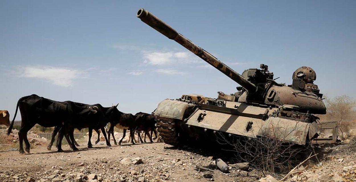 Ein Panzer im verdörrten Weideland