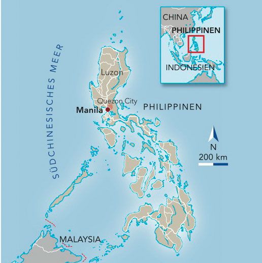 Landkarte von den Philippinen. Markiert ist die Hauptstadt Manila. und Quezon City.
