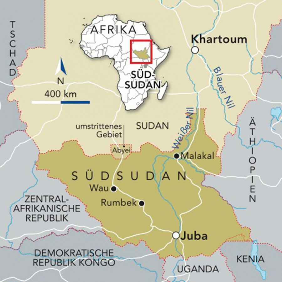 Die Karte zeigt den Südsudan mit Nachbarländern