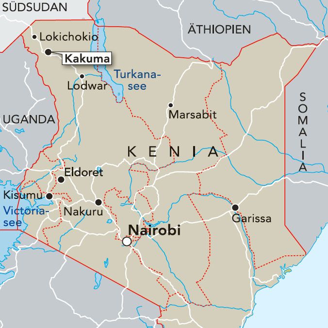 Landkarte von kenia, auf der ganz im Nord-Westen, an der Grenze zum Südsudan und Uganda, Kakuma hervorgehoben ist.