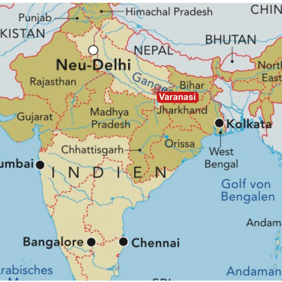Landkarte von Indien. Hervorgehoben ist Varanasi, im Norden des Landes.