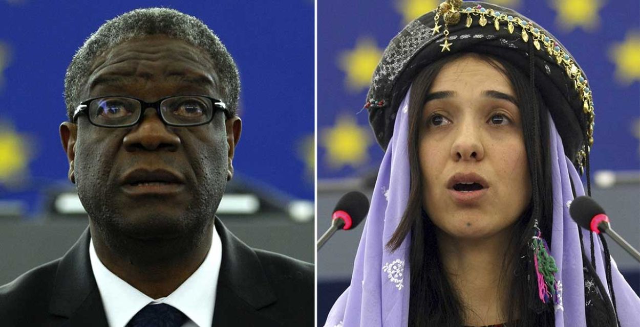 Die Bildkollage zeigt links den Friedensnobelpreisträger aus dem Jahr 2018: links Denis Mukwege aus dem Kongo und rechts die Jesidin Nadia Murad.