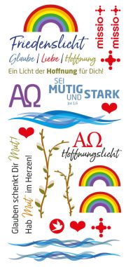 Ein Bogen mit österlichen Kerzentattoos zu den Themen Hoffnung, Frieden, Mut