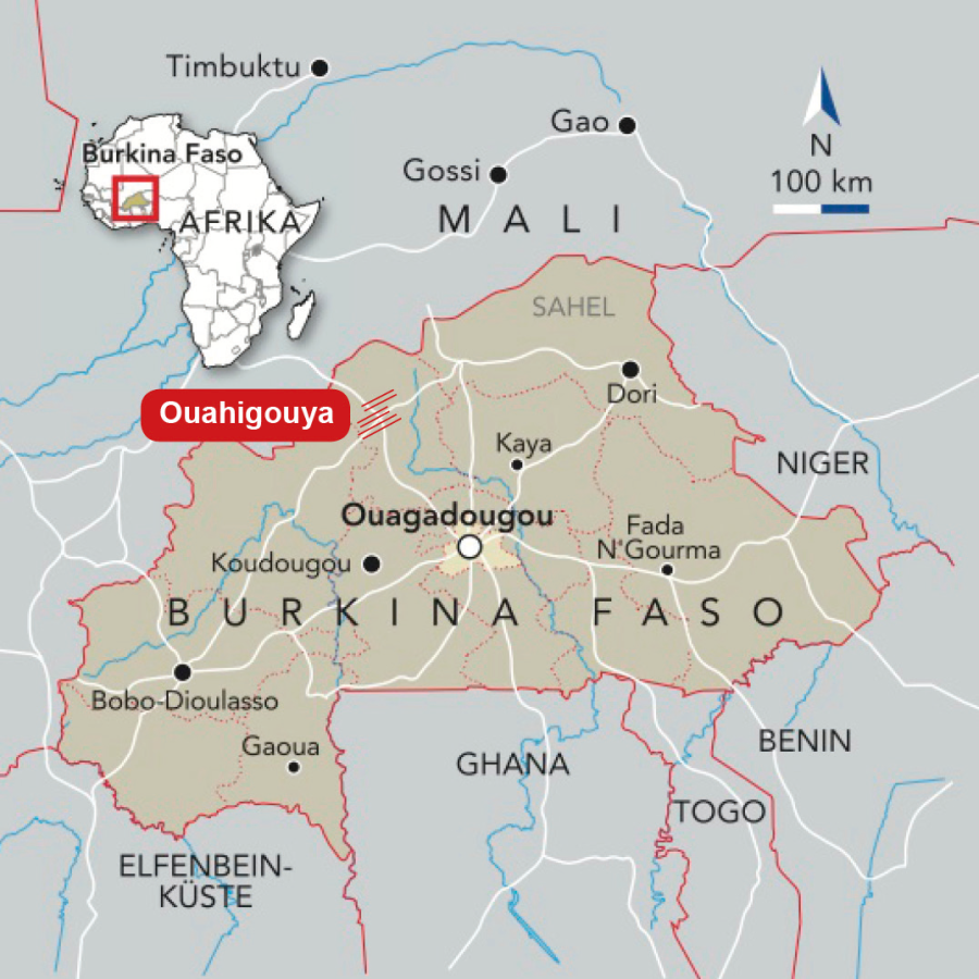 Landkarte von Burkina Faso, fett markiert ist die Stadt Ouahigouya.