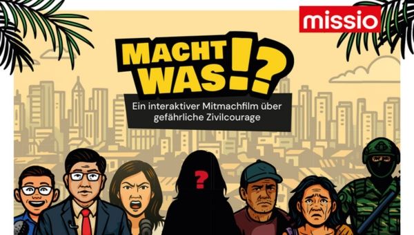 Titelbild des Flyers zum Mitamchfilm über Zivilcourage. Die beteiligten Charaktere sind im Comicstil dargestellt.