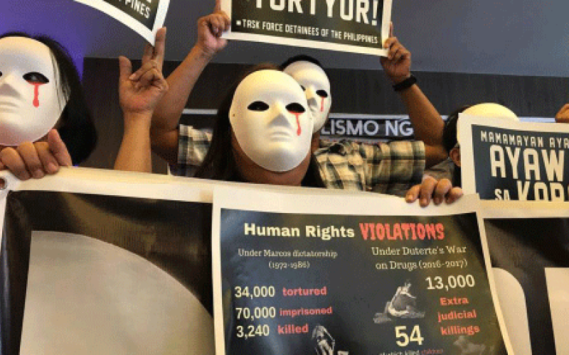 Protestierende Menschen mit Masken auf den Philippinen. Aus dem linken Auge der weißen Masken läuft Blut. Sie halten Plakate, auf denen die Menshenrechtsverletzungen und die hohe Zahl der Toten und Gefangenen angeprangert wird.