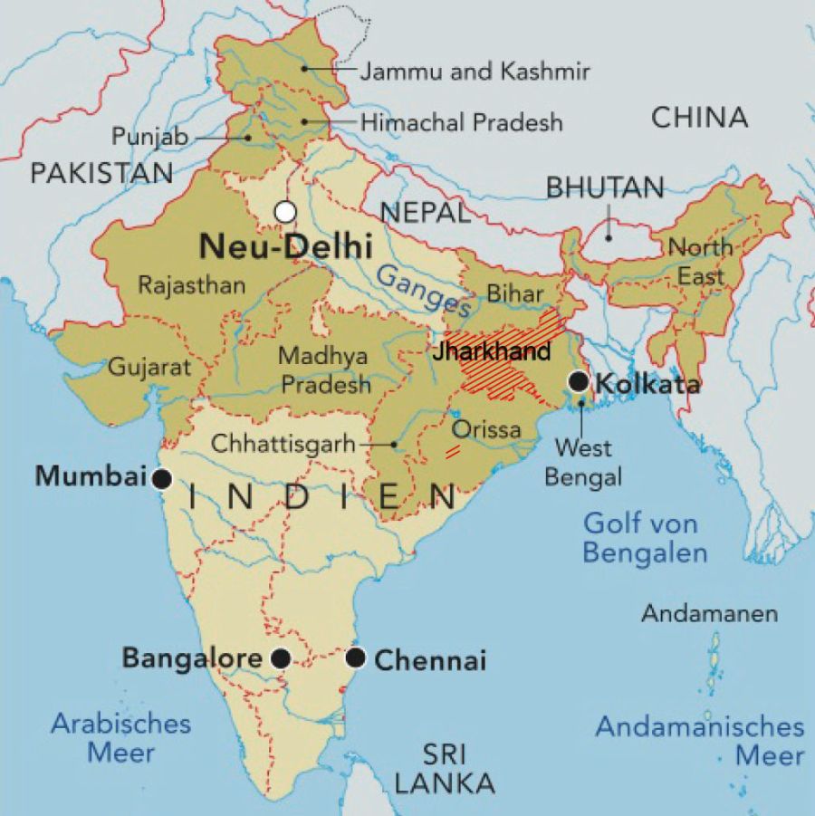Karte zeigt Indien, der Bundesstaat Jharkhand ist markiert