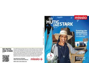 Druckvorlage für Pfarreien mit dem sogenannten Pfarrbriefmantel zum Weltmissionsmonat 2025. Neben einem Spendenaufruf befindet sich das Plakat zum Weltmissionsmonat 2025 mit einem Mann auf einem Floß vor Holzhütten auf Stelzen.