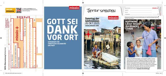 Druckvorlage für Pfarreien mit der Spendentüte zum Weltmissionsmonat 2025. Das Faltelement beinhaltet einen Überweisungsträger, ein Bild vom Weltmissionsmonat-Plakat und einen Spendenaufruf mit einem Bild, auf dem eine Ordensschwester mit zwei kleinen Kindern zu sehen ist.