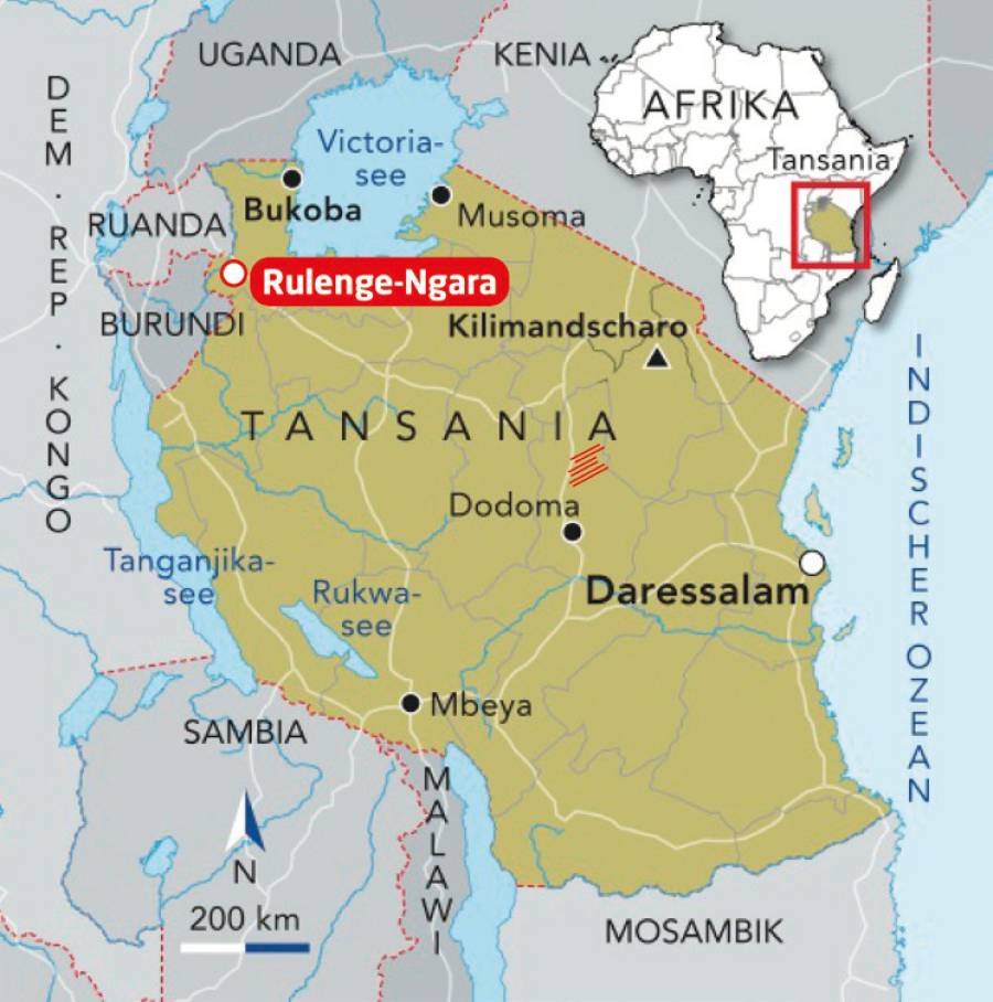 Landkarte von Tansania. Hervorgehoben ist die Diözese Rulenge-Ngara im Nordwesten des Landes.
