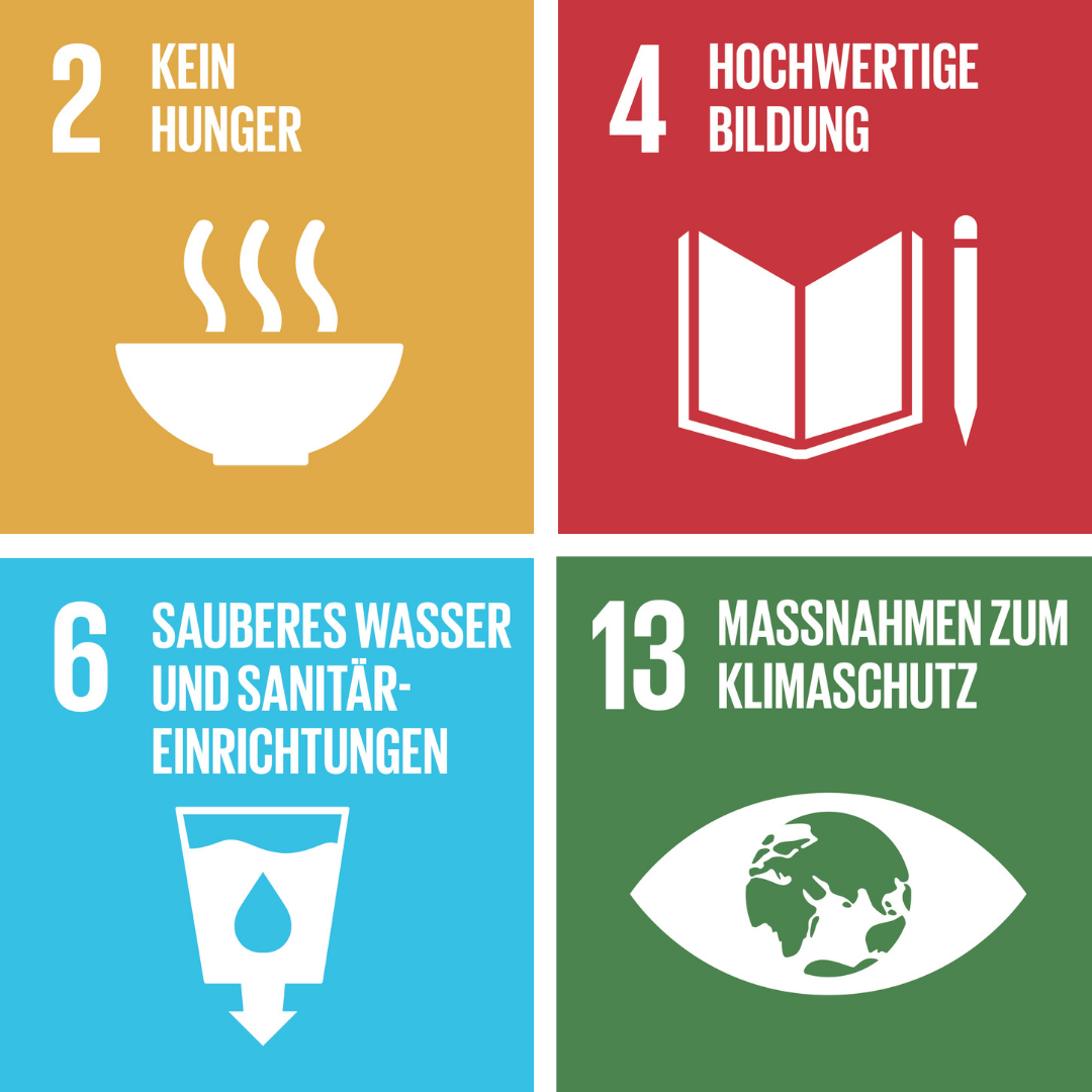 Symbolhaft sind vier Nachhaltigkeitsziele (SDG) der UN  dargestellt: Kein Hunger, Hochwertige Bildung, Sauberes Wasser und Maßnahmen zum Klimaschutz