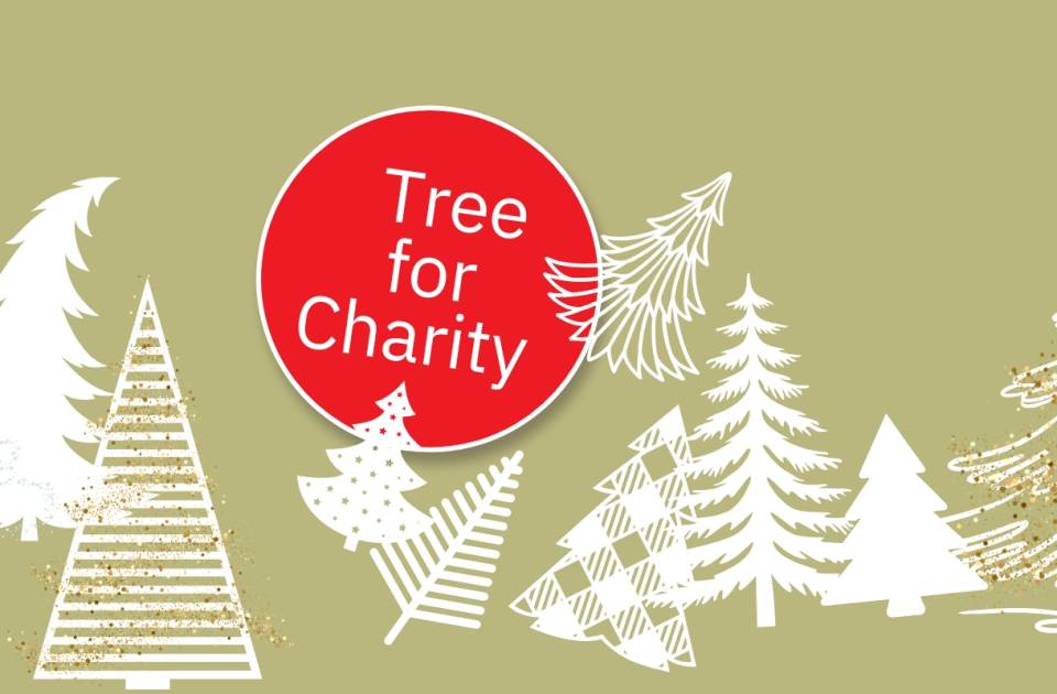 Slogan "Tree for Charity" - verschiedene Umrisse von Weihnachtsbäumen