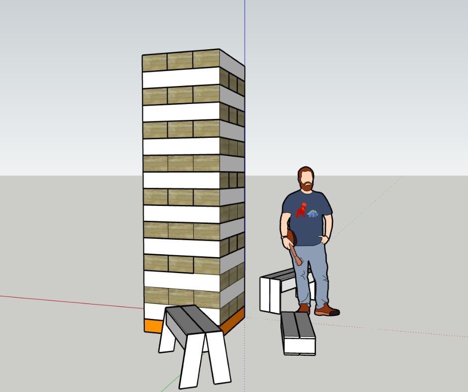 Skizze des drei Meter hohen Holzstapelturms. Der Turm ist seitlch gedreht. Daneben steht ein erwachsener Mann. Der Turm überragt ihn ihn um weit über einen Meter. Daneben stehen drei schmale Sitzbänken. Skizze: Simon Ruhland.