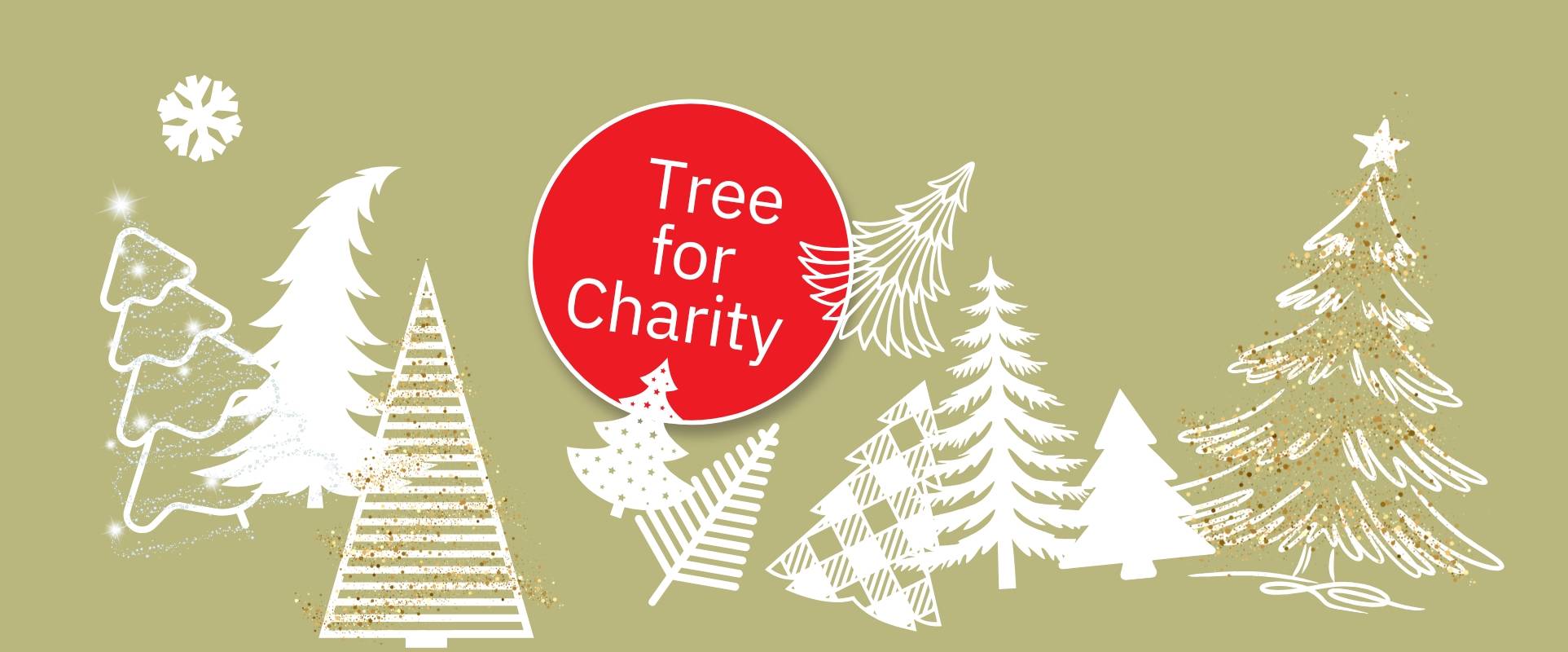 Slogan "Tree for Charity" - verschiedene Umrisse von Weihnachtsbäumen