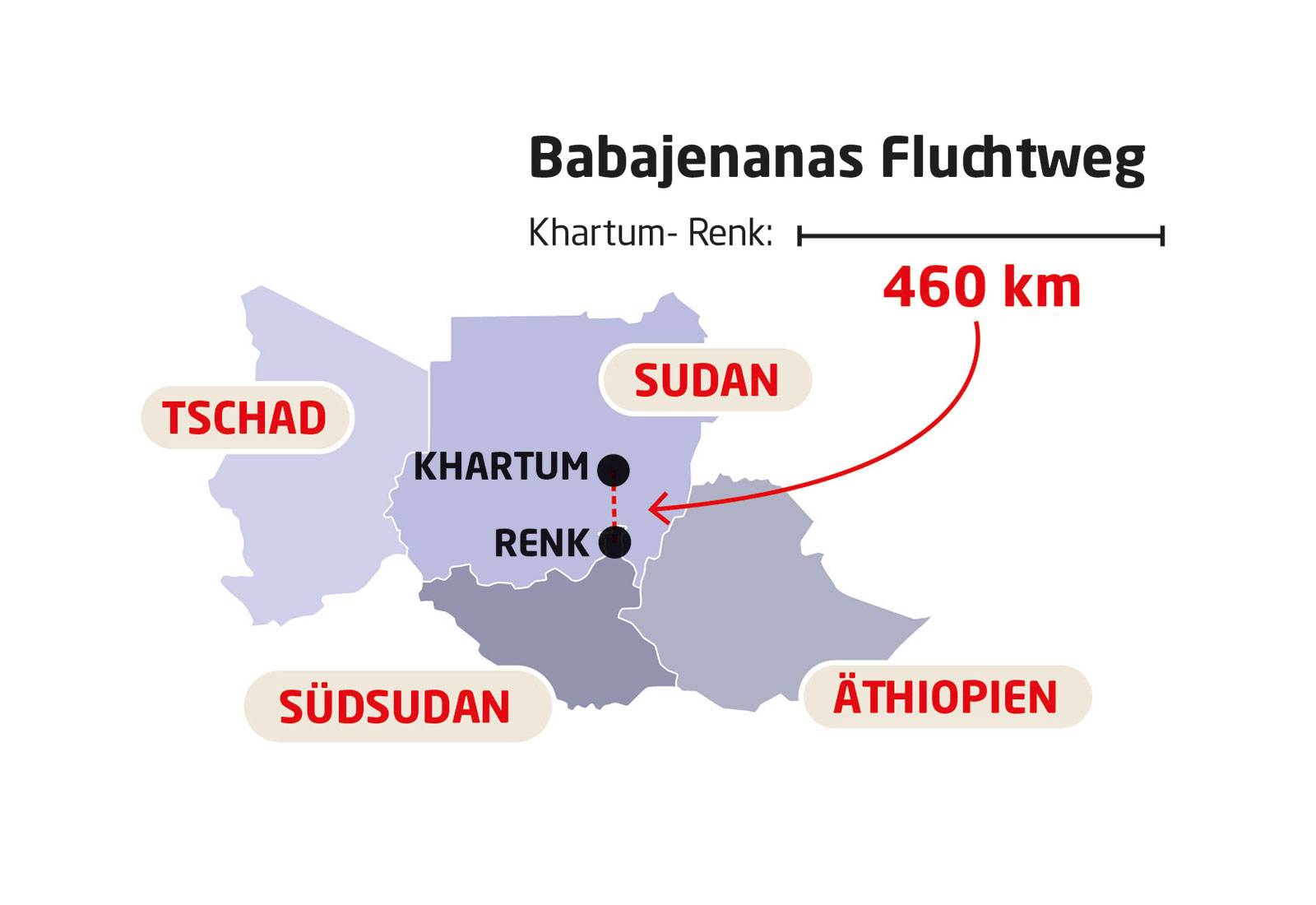 Die reduzierte Landkarte zeigt den Fluchtweg von Babajenana von der Sudanesischen Hauptstadt Karthum nach Renk, kurz hinter der Grenze zum Südsudan.