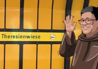 Father Toots steht - gezeichnet als Comicfigur - im U-Bahnhof "Theresienwiese" und winkt.