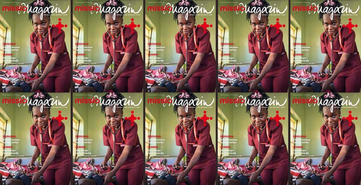 Zehn Cover des missio magazins, Ausgabe 1/2026. Darauf zu sehen ist eine junge Krankenschwester, die von ihrer Arbeit aufblickt und in die Kamera lächelt.